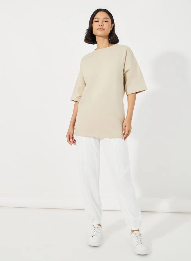 Styli Styli Solid Oversized Dropped Shoulder Fleece T-Shirt