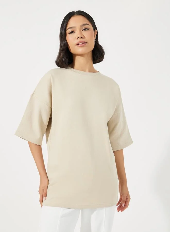 Styli Styli Solid Oversized Dropped Shoulder Fleece T-Shirt