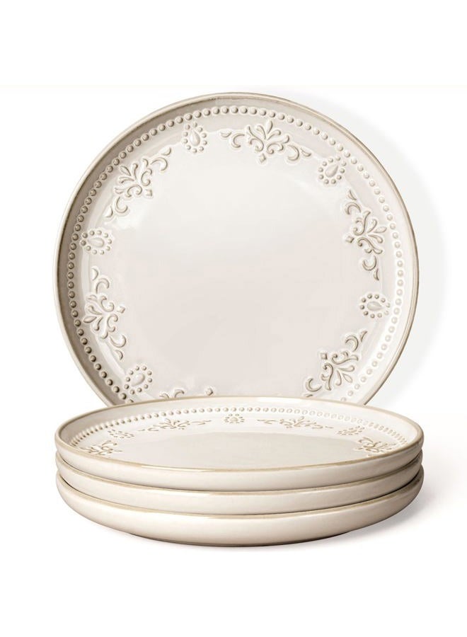 Artena Large Ceramic Dinner Plates Set Of 4, 10.75 Inch Embossed Kitchen Salad Plates, Modern Serving Plates For Restaurant, Plates With Lipped Edges, Microwave Dishwasher Safe (Damask Floral) - Image 1