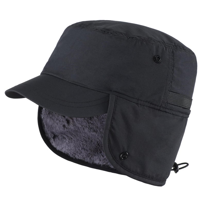 Connectyle Outdoor Mens Warm Hunting Hat with Earflaps Winter Skull Cap Faux Fur Baseball Cap Black - Image 1