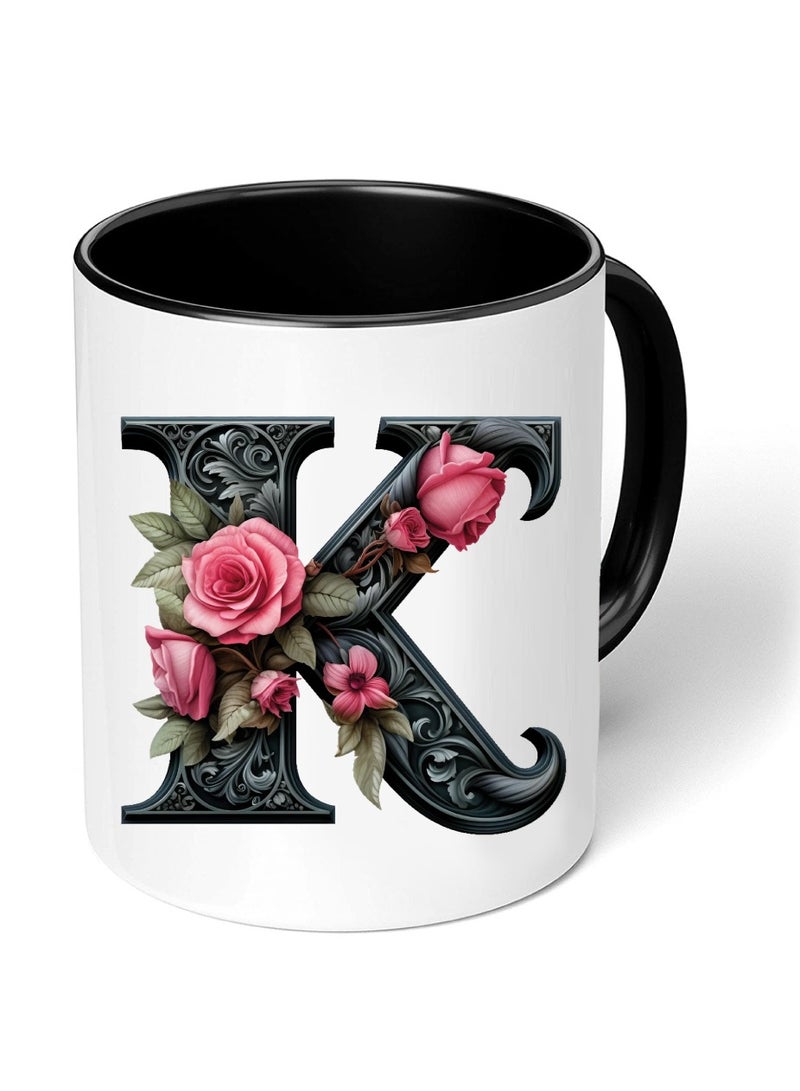 PRINTSHOP4ME Monogrammed Initial Ceramic Coffee Mug - Stylized Designer Printed Black Two-Tone - Ceramic Coffee or Tea Mug 11 Oz - Glossy Black Mug - Personalized Gift For Family Members And Friends - Image 1