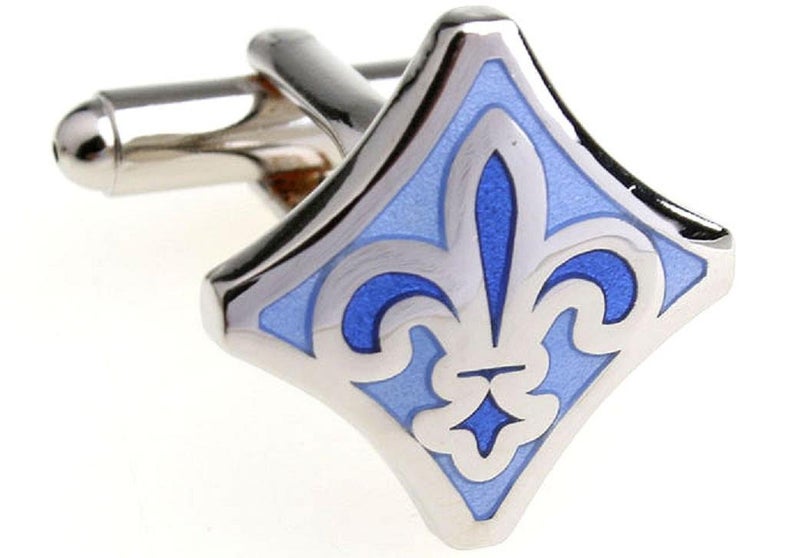 MRCUFF Fleur-de-lys Fleur De Lis Blue & White Pair Cufflinks in a Presentation Gift Box & Polishing Cloth (Fleur bld) - Image 1