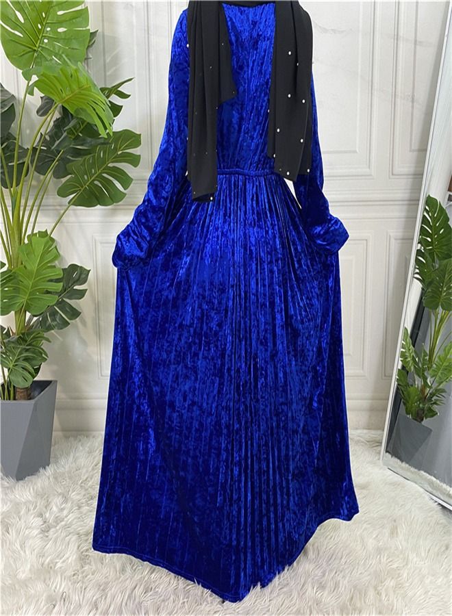 Loquat Fashion Solid Color Long Sleeve Dress Abaya Blue  - Image 3