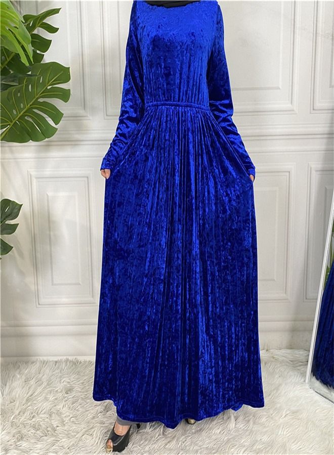 Loquat Fashion Solid Color Long Sleeve Dress Abaya Blue  - Image 1