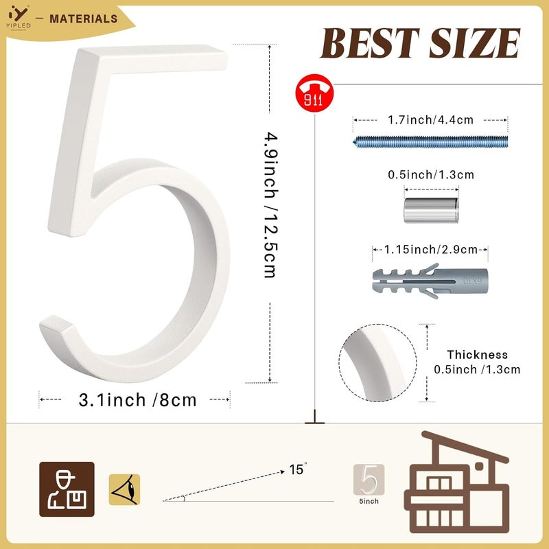 YIPLED 5 Inch House Numbers for Outside, Metal Address Number 5- Modern Design, Weather-Resistant White Crystal Powder Coated Finish, Stain Resistant, No Paint Peeling (White) - Image 3
