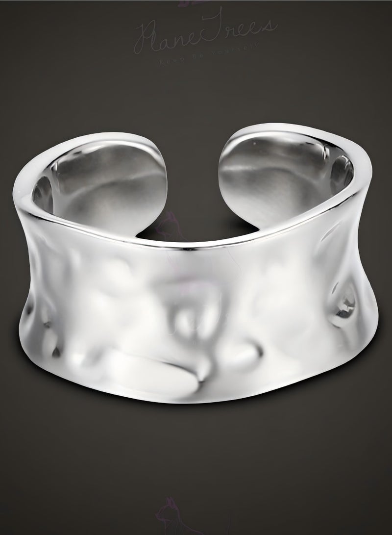 Plane Trees S925 Sterling Silver Open Ring – Wide Band Water Ripple Texture, Adjustable Statement Design - Image 1