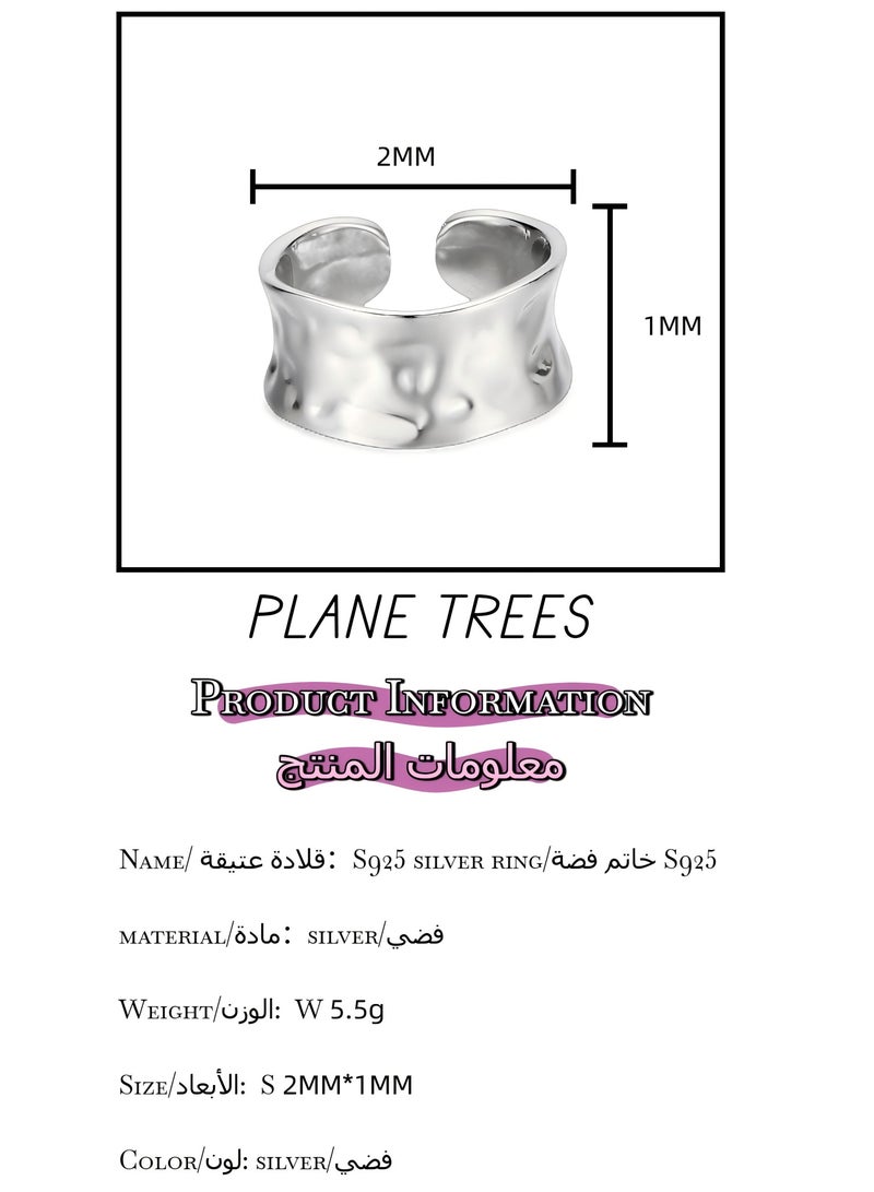 Plane Trees S925 Sterling Silver Open Ring – Wide Band Water Ripple Texture, Adjustable Statement Design - Image 2