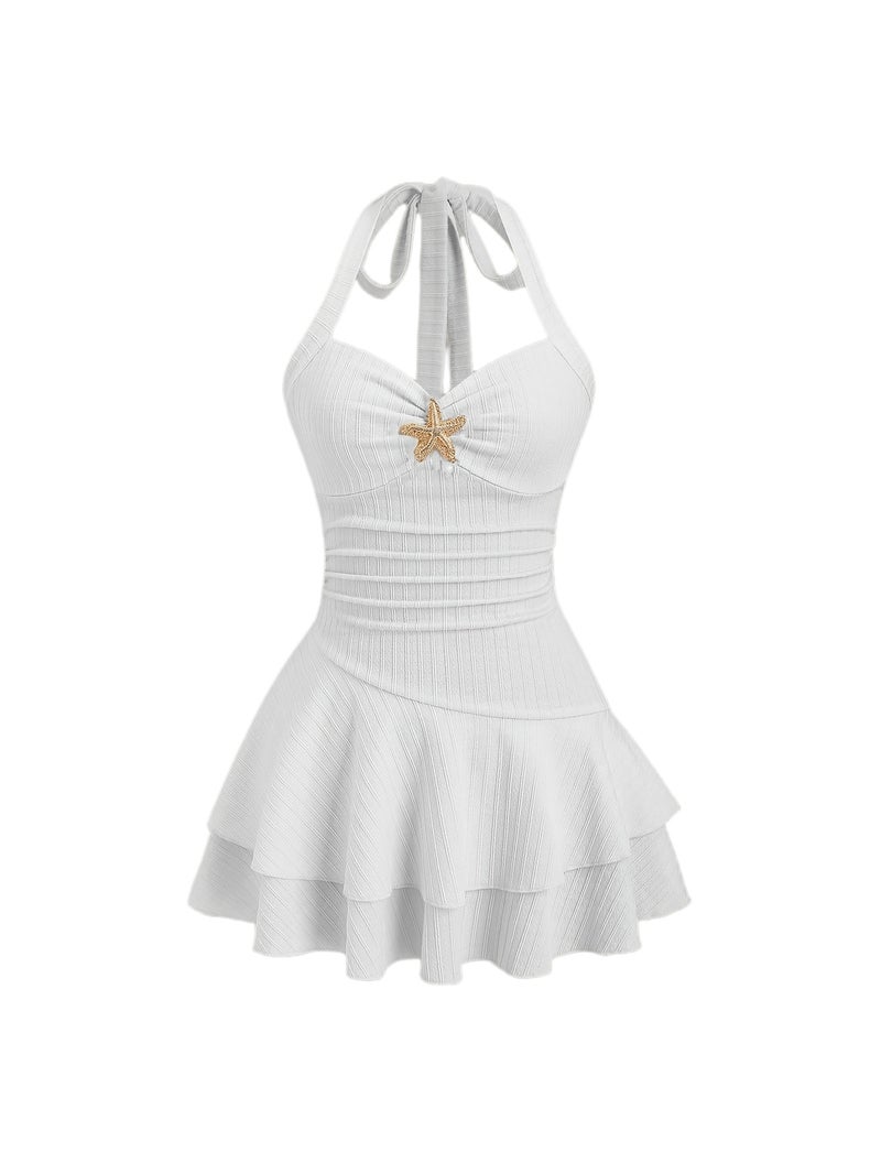 New Women'S Spring And Summer Dress Suitable for Beach Vacations, Featuring Elegant Textured Fabric, a Front Pleated Design with Metallic Embellishments, And Playful Layered Ruffles at Th... - Image 1