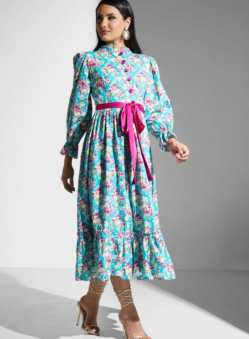 Golden Apple Belted Plisse Printed Dress