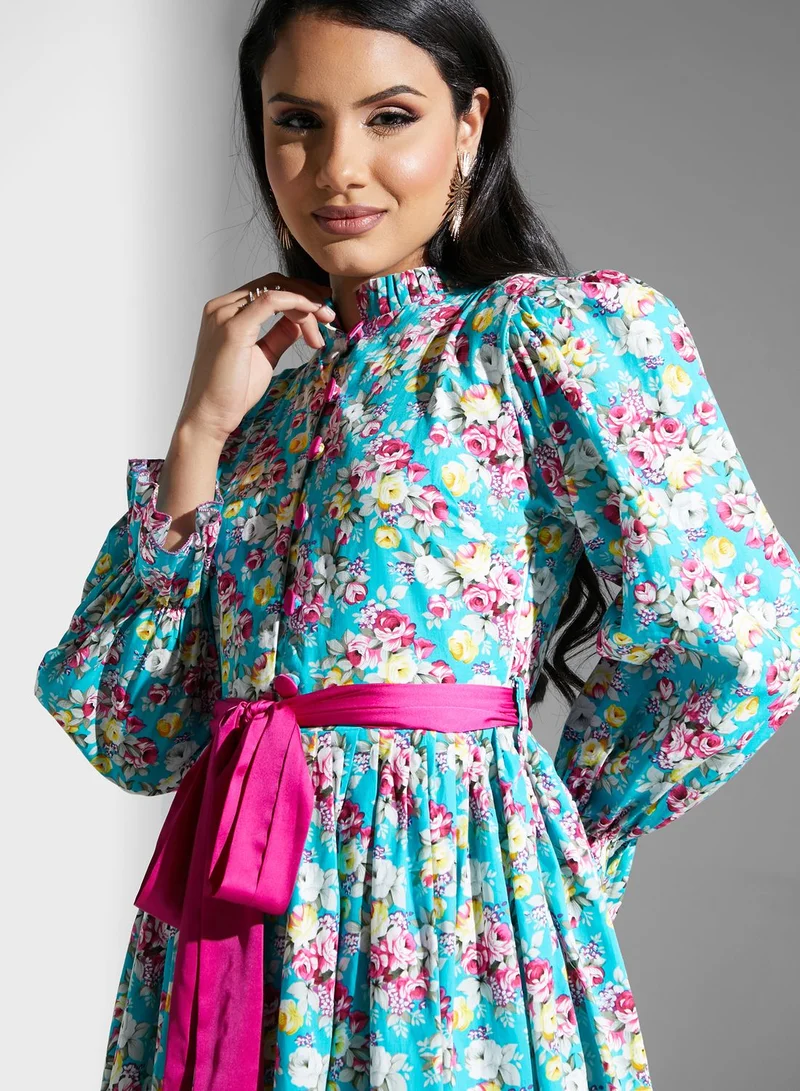 Golden Apple Belted Plisse Printed Dress