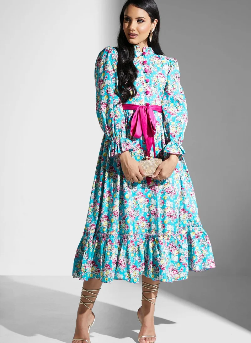 Golden Apple Belted Plisse Printed Dress