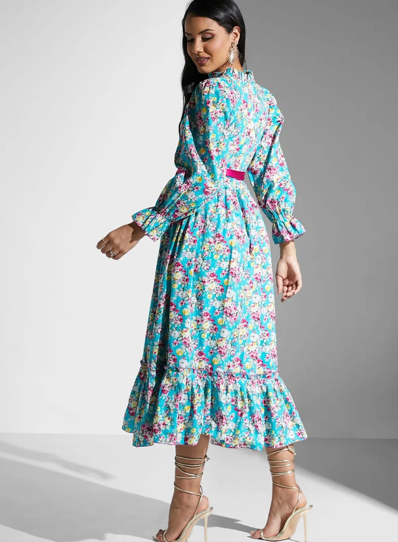Golden Apple Belted Plisse Printed Dress