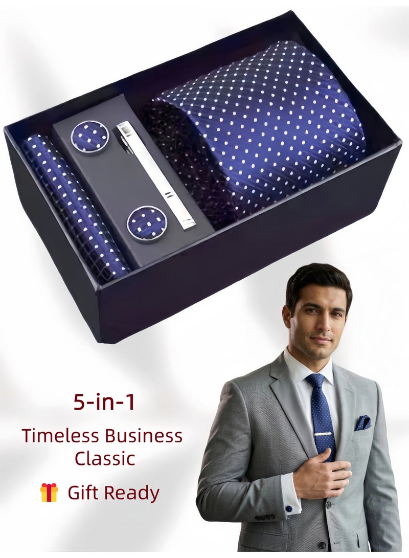 Hiras Fashionable Spot Necktie Suit Gift Box Set（Tie, Pocket Square, Cufflinks, Tie Clip Set )-Dark Blue - Image 1