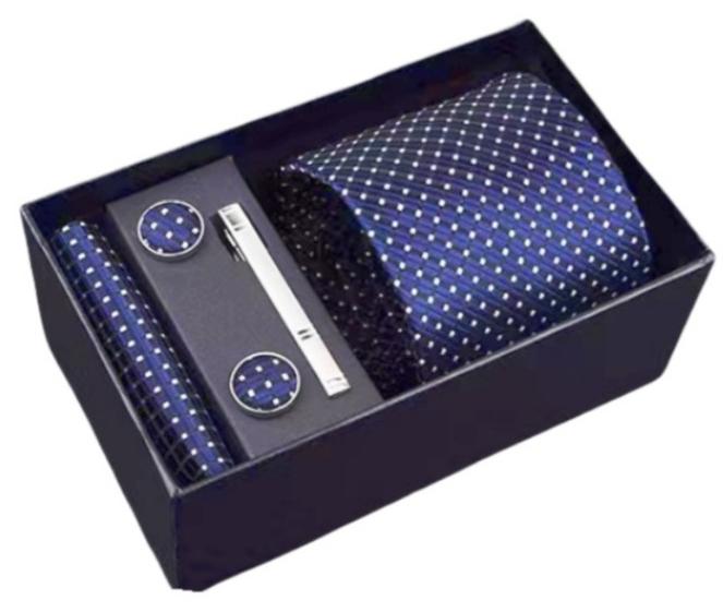 Hiras Fashionable Spot Necktie Suit Gift Box Set（Tie, Pocket Square, Cufflinks, Tie Clip Set )-Dark Blue - Image 5
