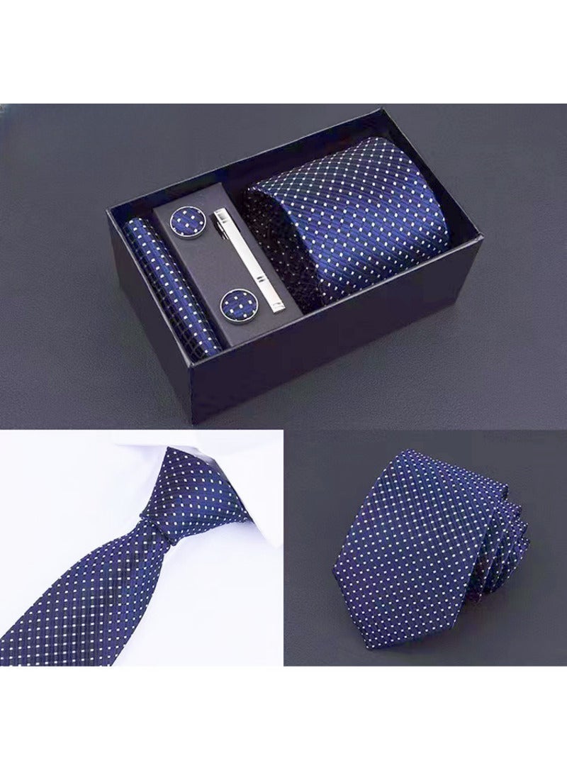 Hiras Fashionable Spot Necktie Suit Gift Box Set（Tie, Pocket Square, Cufflinks, Tie Clip Set )-Dark Blue - Image 4