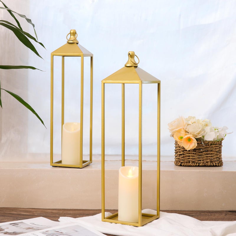 MATAHUM 22'' 19'' Large Lanterns Decorative Outdoor Indoor, Set of 2 Gold Metal Candle Lantern Modern Farmhouse Floor Lanterns Decorative for Mantle, Patio, Porch, Garden, Home Decor - Image 4
