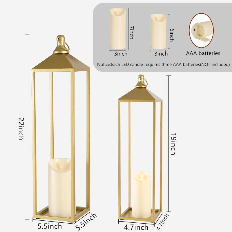 MATAHUM 22'' 19'' Large Lanterns Decorative Outdoor Indoor, Set of 2 Gold Metal Candle Lantern Modern Farmhouse Floor Lanterns Decorative for Mantle, Patio, Porch, Garden, Home Decor - Image 2