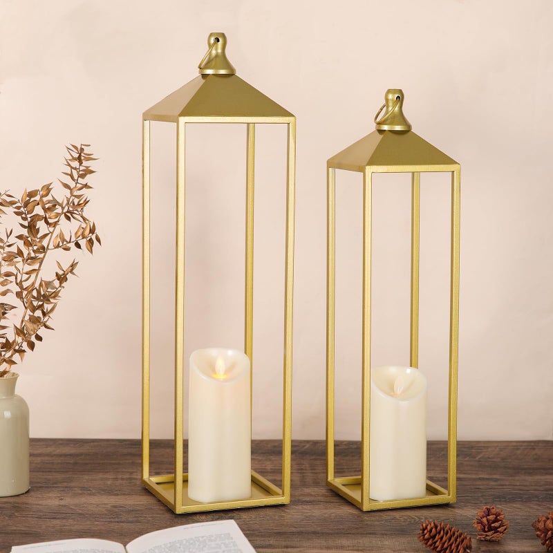 MATAHUM 22'' 19'' Large Lanterns Decorative Outdoor Indoor, Set of 2 Gold Metal Candle Lantern Modern Farmhouse Floor Lanterns Decorative for Mantle, Patio, Porch, Garden, Home Decor - Image 1