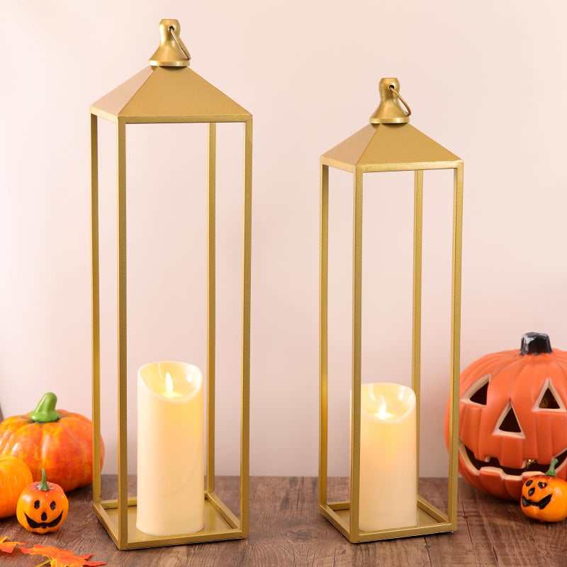 MATAHUM 22'' 19'' Large Lanterns Decorative Outdoor Indoor, Set of 2 Gold Metal Candle Lantern Modern Farmhouse Floor Lanterns Decorative for Mantle, Patio, Porch, Garden, Home Decor - Image 3