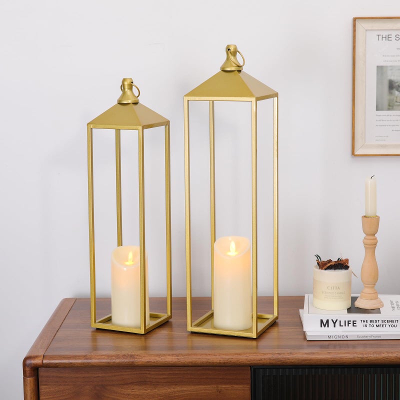 MATAHUM 22'' 19'' Large Lanterns Decorative Outdoor Indoor, Set of 2 Gold Metal Candle Lantern Modern Farmhouse Floor Lanterns Decorative for Mantle, Patio, Porch, Garden, Home Decor - Image 5