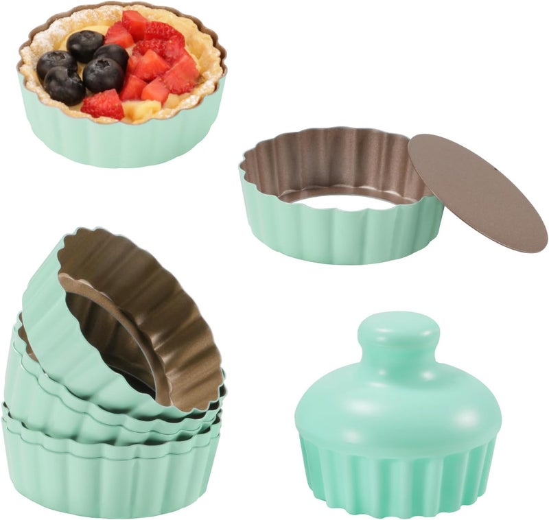 LIFVCNT Mini Tart Pan Set, 6PCS 3.6 Inch Tart Pans with Removable Bottom and Tart Tamper, Extra Deep 1 Inch Tartlet Pan, Nonstick Bakeware for Mini Pies, Tarts, Quiches, Cheesecakes (Green) - Image 1