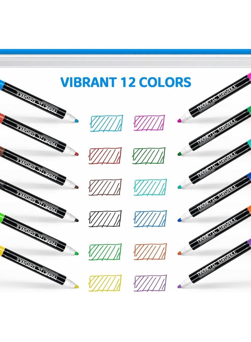 PAPERSAY 12 Colors Magnetic Whiteboard Markers,  Fine Tip Dry Erase Markers with Eraser, Low Odor Thin Markers for Calendar Boards Office Home School Supplies - Image 3