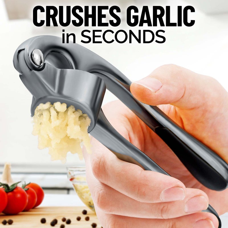 Zulay Kitchen Premium Garlic Press Set - Rust Proof Professional Garlic Mincer Tool - Easy-Squeeze, Easy-Clean with Soft, Ergonomic Handle - Silicone Garlic Peeler & Brush (Slate) - Image 2