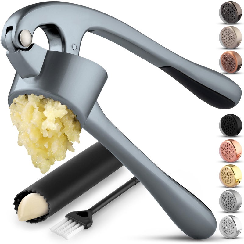 Zulay Kitchen Premium Garlic Press Set - Rust Proof Professional Garlic Mincer Tool - Easy-Squeeze, Easy-Clean with Soft, Ergonomic Handle - Silicone Garlic Peeler & Brush (Slate) - Image 1