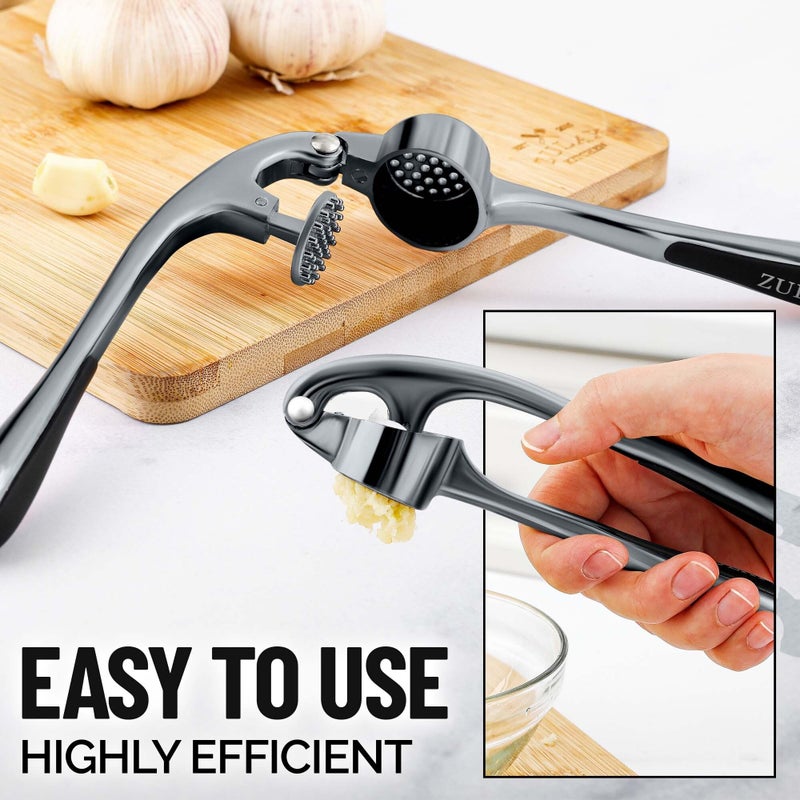 Zulay Kitchen Premium Garlic Press Set - Rust Proof Professional Garlic Mincer Tool - Easy-Squeeze, Easy-Clean with Soft, Ergonomic Handle - Silicone Garlic Peeler & Brush (Slate) - Image 4