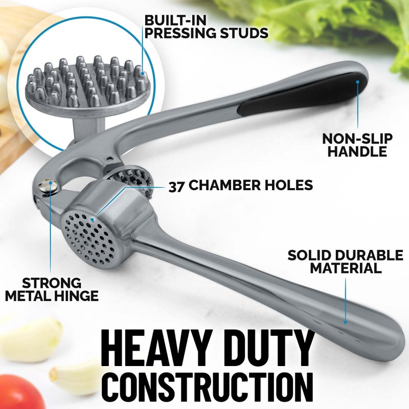 Zulay Kitchen Premium Garlic Press Set - Rust Proof Professional Garlic Mincer Tool - Easy-Squeeze, Easy-Clean with Soft, Ergonomic Handle - Silicone Garlic Peeler & Brush (Slate) - Image 3