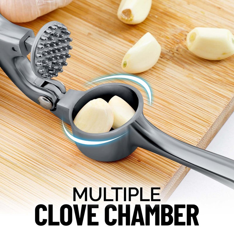 Zulay Kitchen Premium Garlic Press Set - Rust Proof Professional Garlic Mincer Tool - Easy-Squeeze, Easy-Clean with Soft, Ergonomic Handle - Silicone Garlic Peeler & Brush (Slate) - Image 5