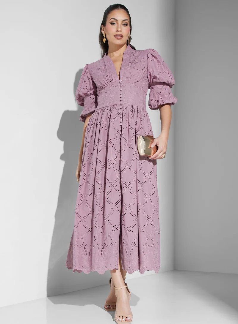Threadz by Ajooni Puff Sleeve Embroidered Dress
