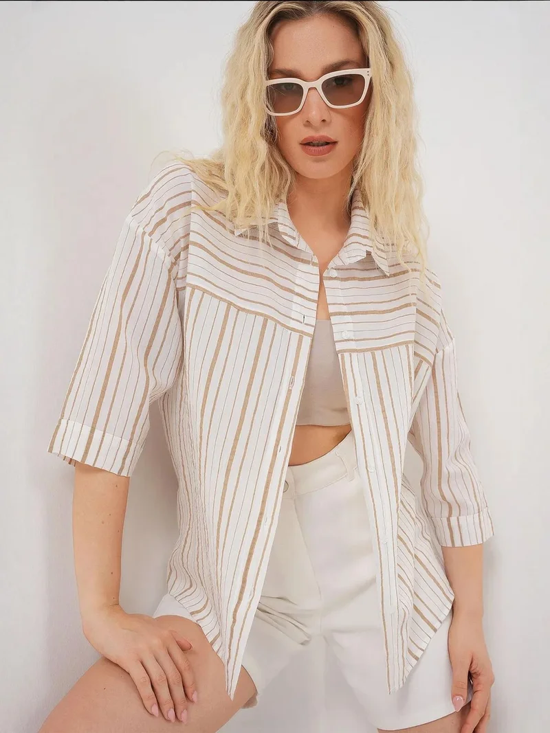 BIG DART BDART Lined Striped Poplin Shirt with Three Quarter Sleeves