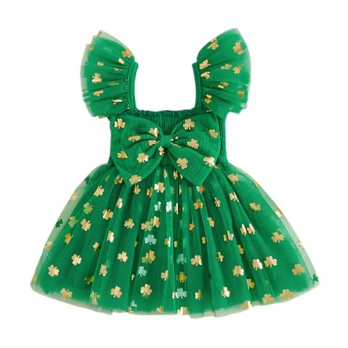 BeQeuewll Toddler Baby Girl St Patricks Day Outfit Clover Print Ruffle Sleeve Bowknot Tulle Dress Girls Party Dresses (Green, 6-12 Months) - Image 1