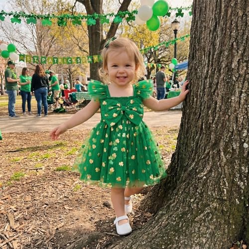 BeQeuewll Toddler Baby Girl St Patricks Day Outfit Clover Print Ruffle Sleeve Bowknot Tulle Dress Girls Party Dresses (Green, 6-12 Months) - Image 3