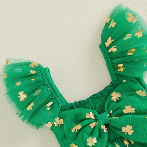 BeQeuewll Toddler Baby Girl St Patricks Day Outfit Clover Print Ruffle Sleeve Bowknot Tulle Dress Girls Party Dresses (Green, 6-12 Months) - Image 4