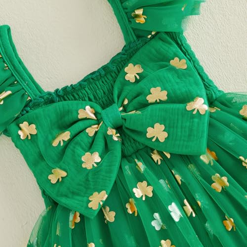 BeQeuewll Toddler Baby Girl St Patricks Day Outfit Clover Print Ruffle Sleeve Bowknot Tulle Dress Girls Party Dresses (Green, 6-12 Months) - Image 5