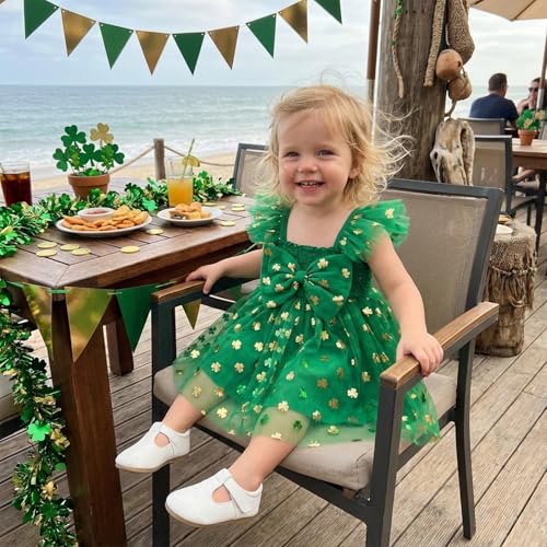 BeQeuewll Toddler Baby Girl St Patricks Day Outfit Clover Print Ruffle Sleeve Bowknot Tulle Dress Girls Party Dresses (Green, 6-12 Months) - Image 2
