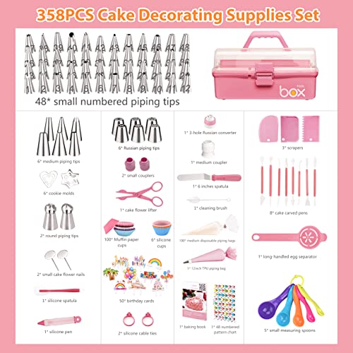 AUKOW Cake Decorating Supplies Tools Kit: 358pcs Baking Accessories with Storage Case - Piping Bags and Icing Tips Set - Cupcake Cookie Frosting Fondant Bakery Set for Adults Beginners or Professional, Pink - Image 2