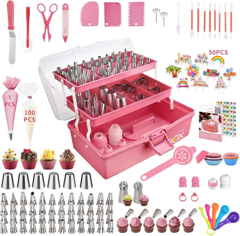 AUKOW Cake Decorating Supplies Tools Kit: 358pcs Baking Accessories with Storage Case - Piping Bags and Icing Tips Set - Cupcake Cookie Frosting Fondant Bakery Set for Adults Beginners or Professional, Pink - Image 1
