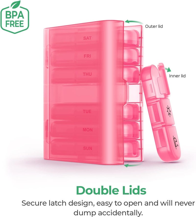 PULIV Weekly Pill Organizer 3 Times a Day, Portable Travel Pill Box 7 Day with Large Pill Containers, Light-Proof Pill Case for Vitamins, Medication, Supplements and Fish Oils, Pink - Image 4