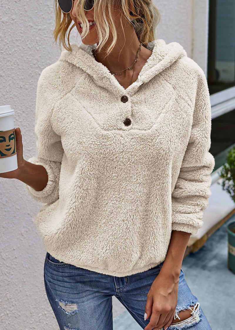 KIRUNDO Sherpa Pullover Womens Fuzzy Fleece Hoodies Sweatshirts 2025 Casual Long Sleeve Shaggy Winter Clothing With Pockets(X-Large, Button-Apricot) - Image 2