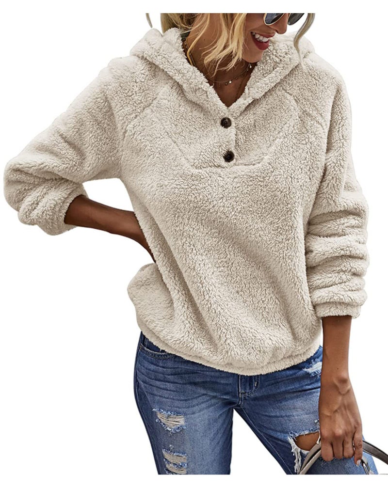 KIRUNDO Sherpa Pullover Womens Fuzzy Fleece Hoodies Sweatshirts 2025 Casual Long Sleeve Shaggy Winter Clothing With Pockets(X-Large, Button-Apricot) - Image 1