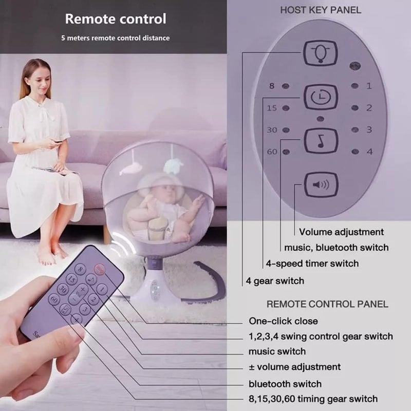 Baby Rocker Automatic Baby Swing Crib Electric Rocking Chair Smart Bluetooth Electric Cradle With Remote control and Mosquito Net Newborn(Silver gray) - Image 5