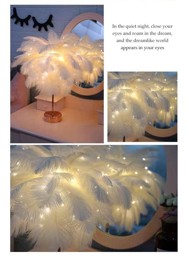 DUNISO مصباح طاولة LED مزين بالريش مصباح طاولة بتصميم ريش أبيض أضواء زخرفية فنية رومانسية لتزيين غرفة النوم أجواء أضواء ليلية لمصباح طاولة غرفة النوم - Image 2