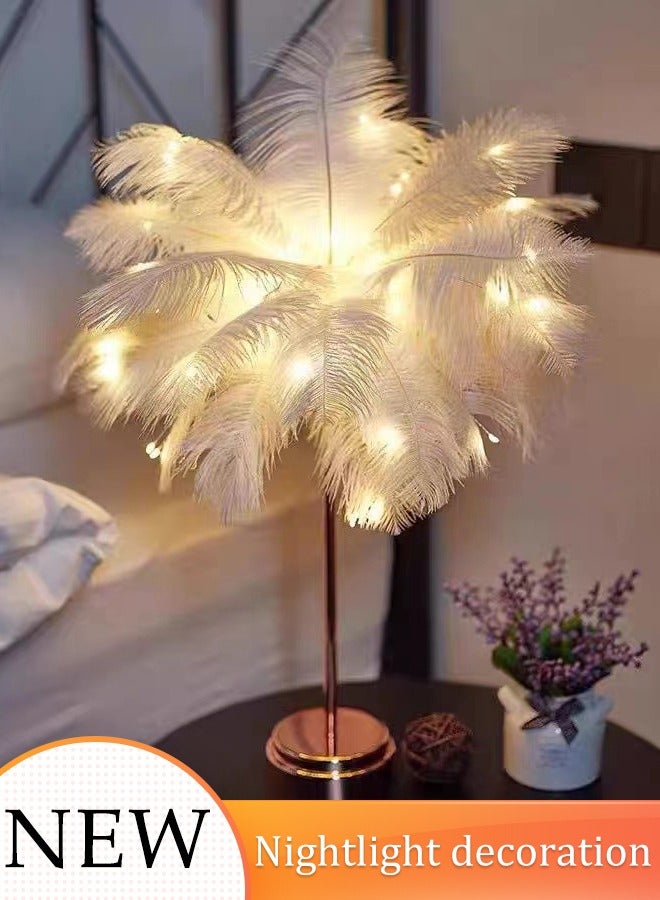 DUNISO مصباح طاولة LED مزين بالريش مصباح طاولة بتصميم ريش أبيض أضواء زخرفية فنية رومانسية لتزيين غرفة النوم أجواء أضواء ليلية لمصباح طاولة غرفة النوم - Image 1