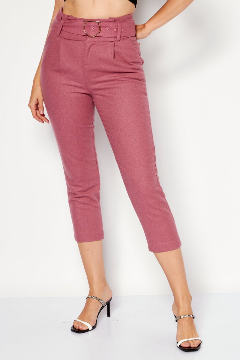 ONLY Women Solid Belted Capri Pants, Dusty Pink - Image 1