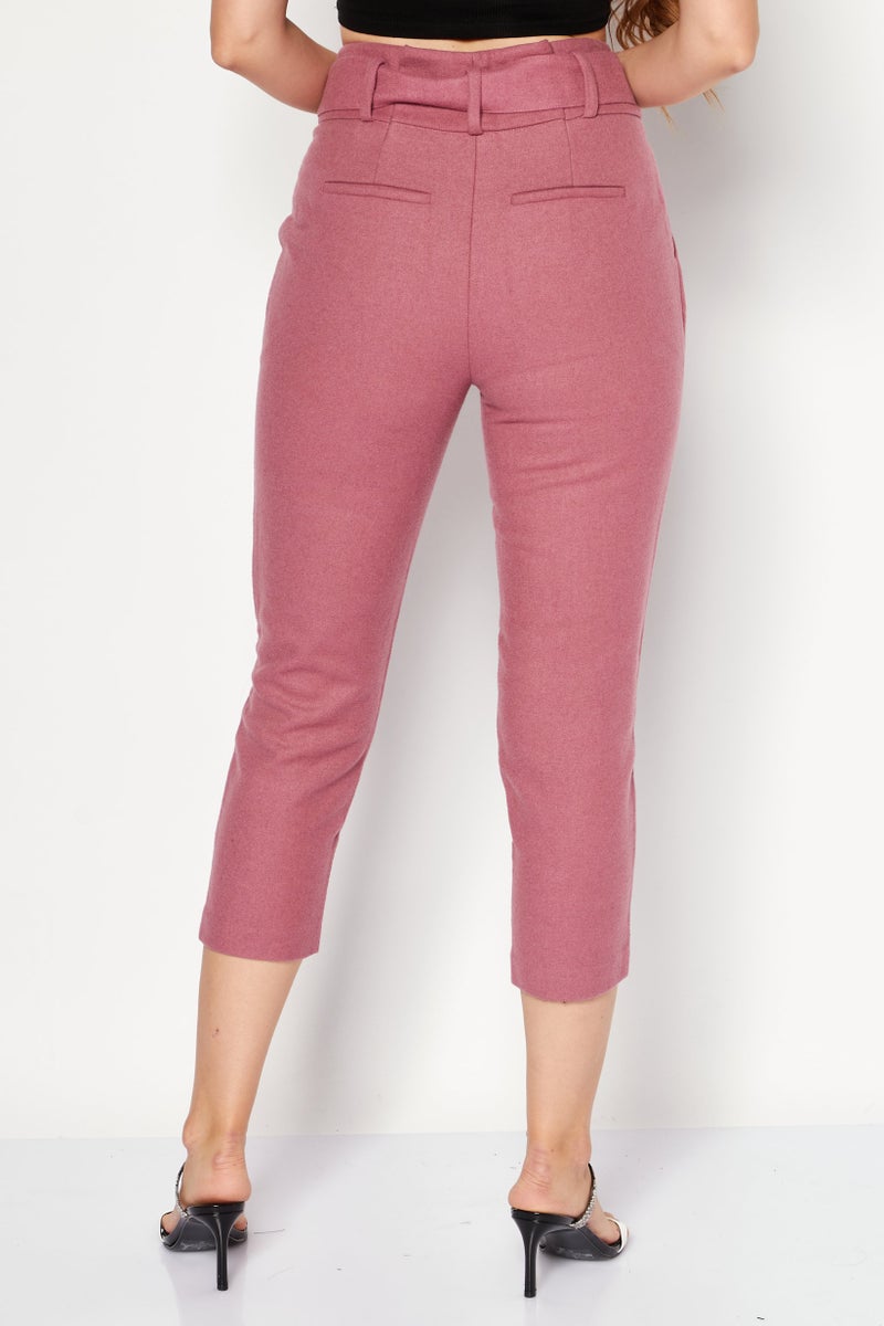 ONLY Women Solid Belted Capri Pants, Dusty Pink - Image 3