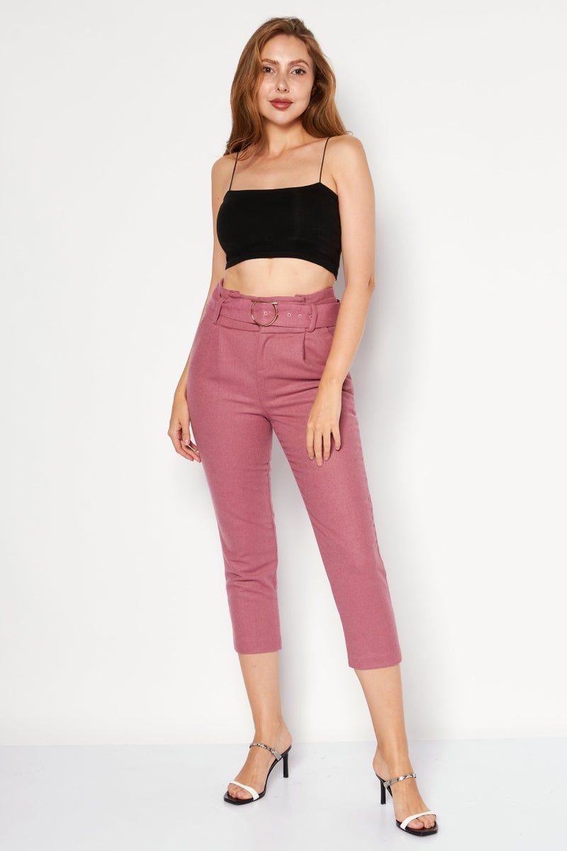 ONLY Women Solid Belted Capri Pants, Dusty Pink - Image 4