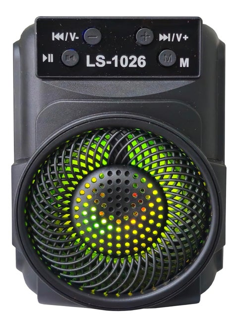 LS-1026 مكبر صوت بلوتوث ستيريو 5 وات، إضاءة LED RGB، ميكروفون مدمج عالي الدقة، مقاوم لرذاذ الماء IPX4، بلوتوث v5.0، USB، بطاقة SD، أسود